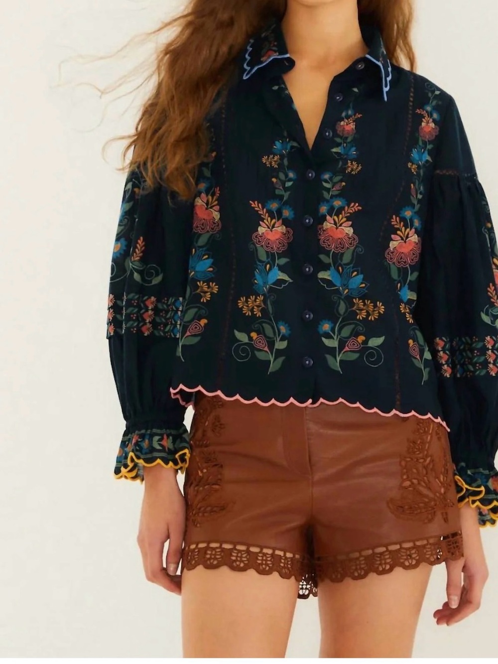 FARM Rio Black Embroidered Floral Button-Front Blouse